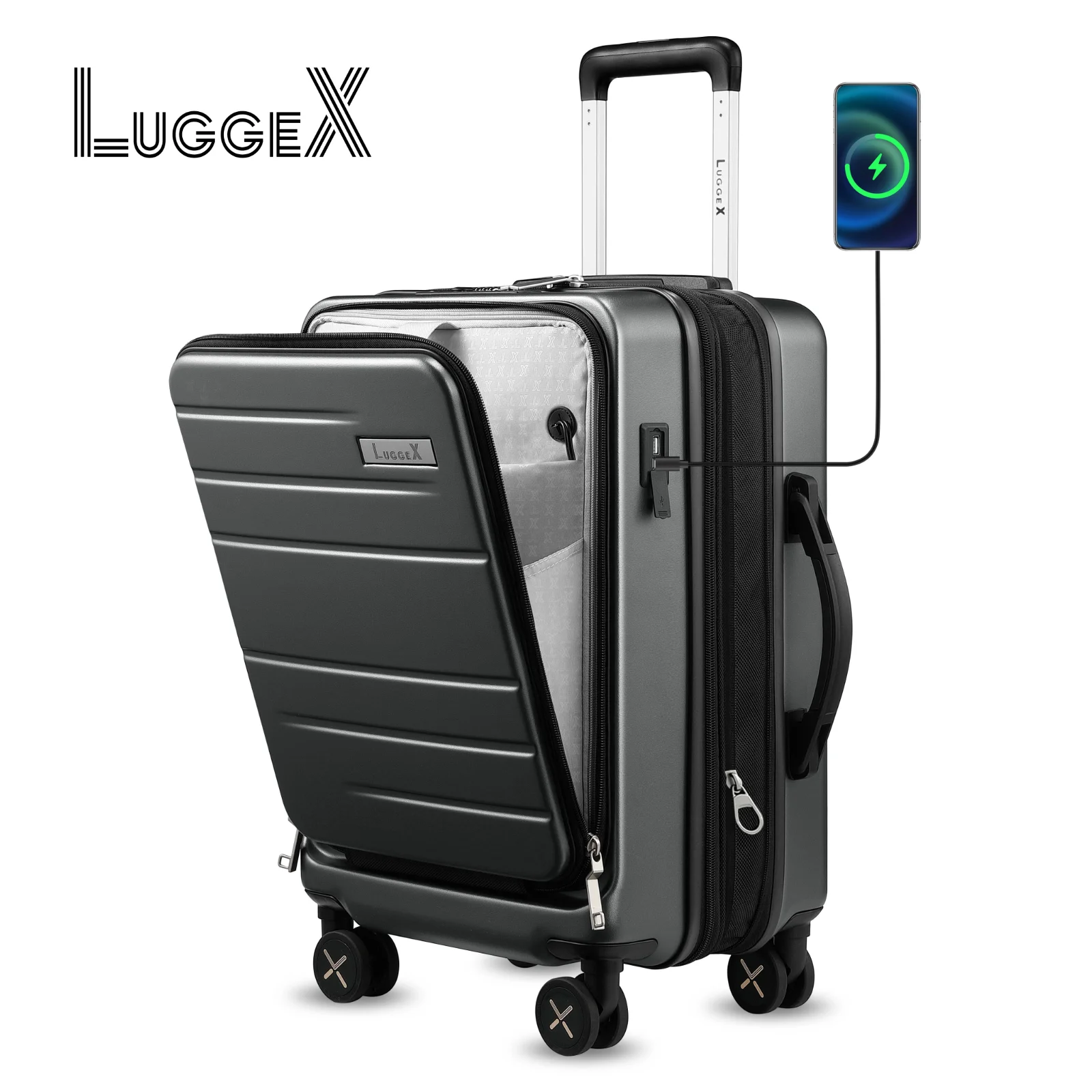 LUGGEX Bagaglio a mano 22x14x9 Valigia in policarbonato espandibile approvata dalla compagnia aerea con tasca frontale (nero, 20 pollici, 36,1 L)