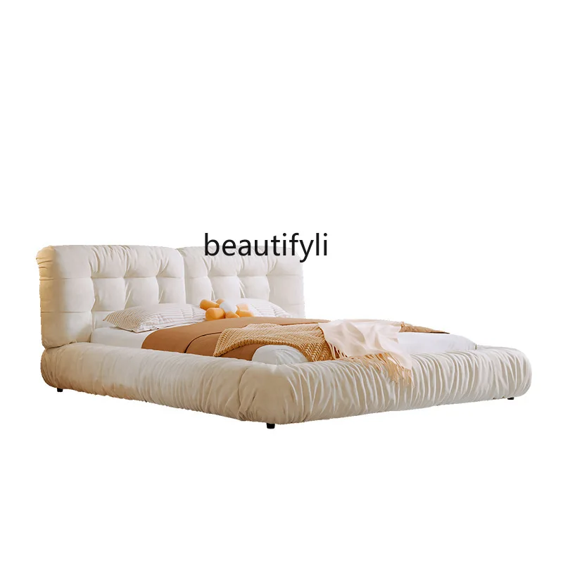 

HJ Cloud Bed Simple Faux Leather Double Bed Light Luxury Master Bedroom Cream Style Fabric Bed