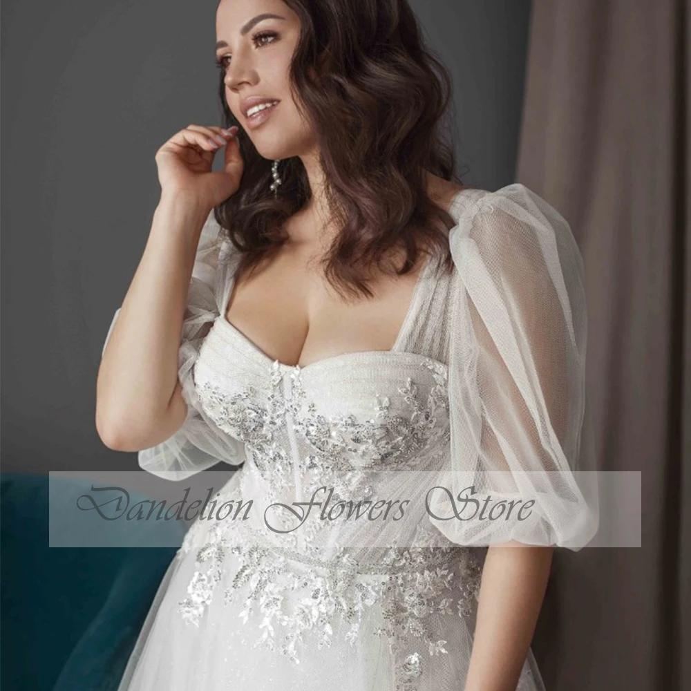 Plus Size Square Neck Wedding Dresses Half Sleeves Appliques Bride Gowns Appliques Tulle With Side Split A-Line Vestido De Noiva