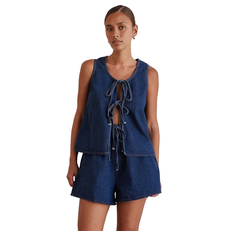 

ABRT-Женский топ с завязками спереди, комплект из двух предметов, джинсовый комплект, жилет без рукавов с глубоким v-образным вырезом, джинсовые шорты с эластичной резинкой на талии, комплекты