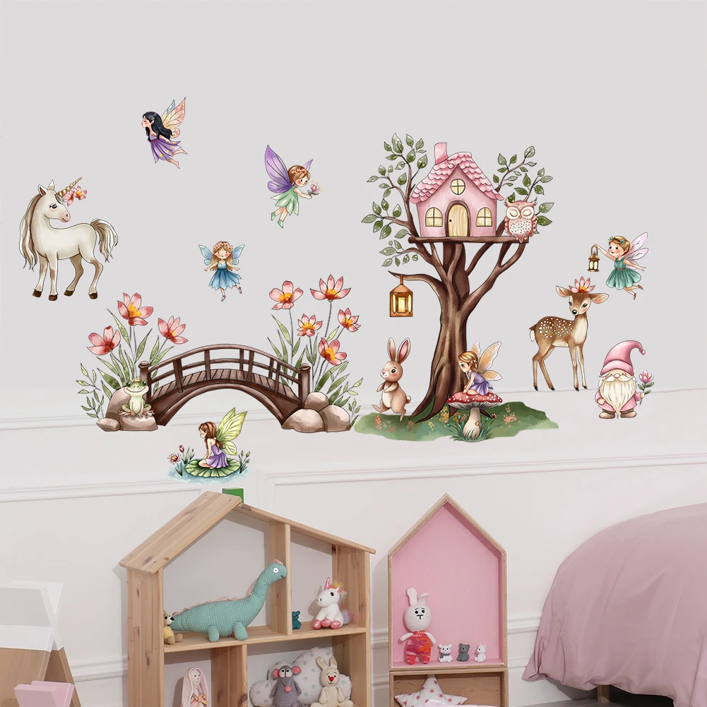Unicorn Flower Fairy Wall Stickers In The Forest Are Used For Artistic Home Decoration In Baby Daycare And Children's Rooms