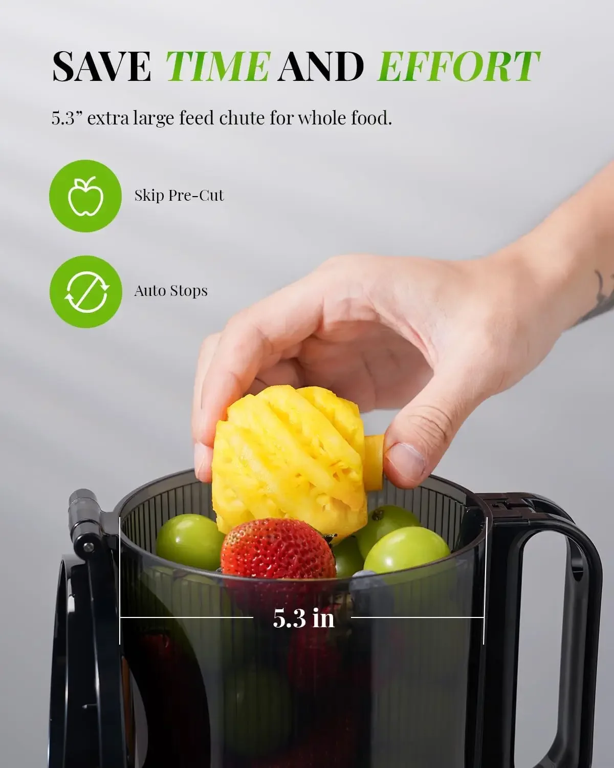 Máquinas exprimidoras de prensa, exprimidor masticador con conducto de alimentación adicional de 5,3 ", apto para verduras y frutas enteras, exprimidor puro lento de autoalimentación Eas