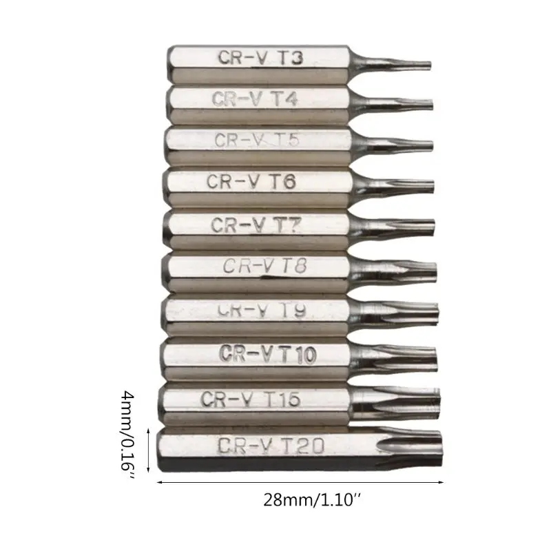 CR-V Conjunto de Bits de Chave de Fenda Torx, Móvel, T3, T4, T5, T6, T7, T8, T9, T10, T15, T20, 10 peças