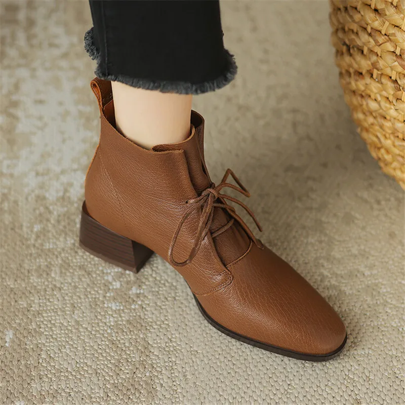 2023 New Autumn Genuine Leather Women Boots Round Toe Chunky Heel Ankle Boots for Women Winter Fashion Boots Lace Women Shoes