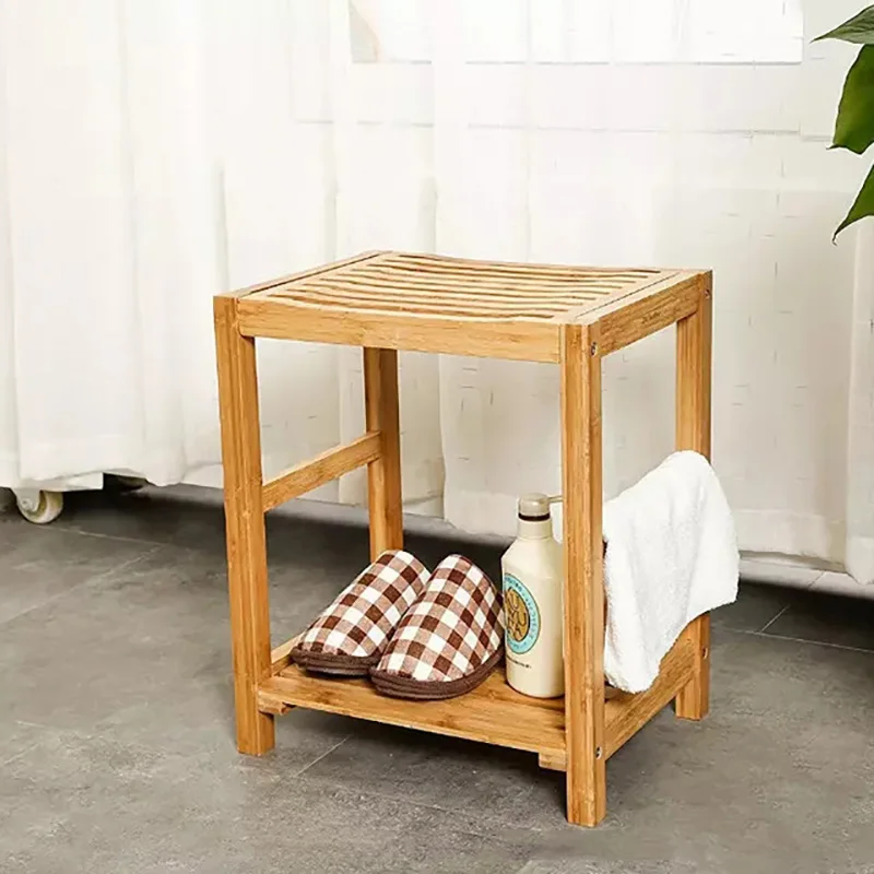 Double Layer Bathroom Stool Solid Wood Shoe Changing Stool Bathroom Shelf Multifunctional Bench Simple Home Living Bathroom