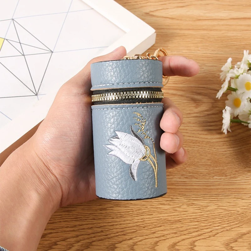 

Embroidery Flowers Lipstick Storage Bag With Keychain Vintage Leather Lychee Texture Mini Bucket Coin Purse Women Earphone Case