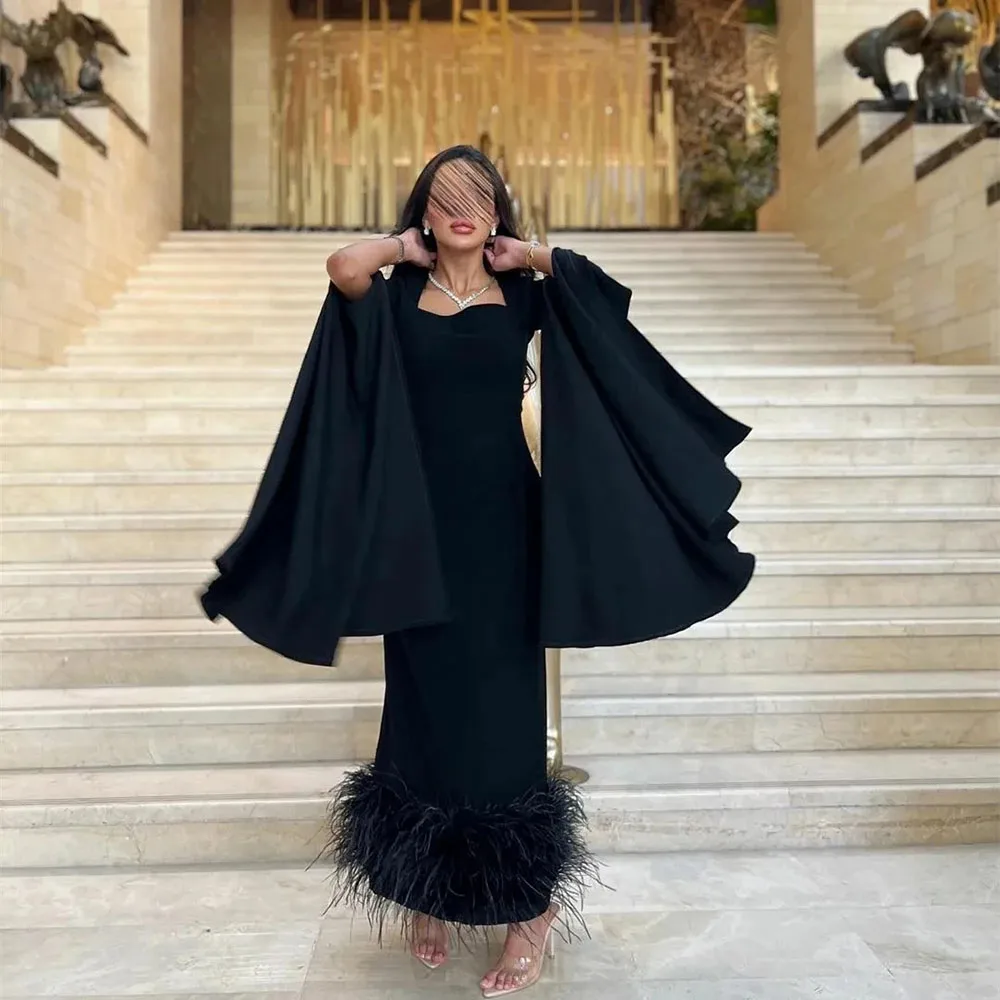 Feather Black Prom Dress With Draped Sleeves 2024 Square Neck Feathers Women Party Wear Formal Dresses Special Evens Customized