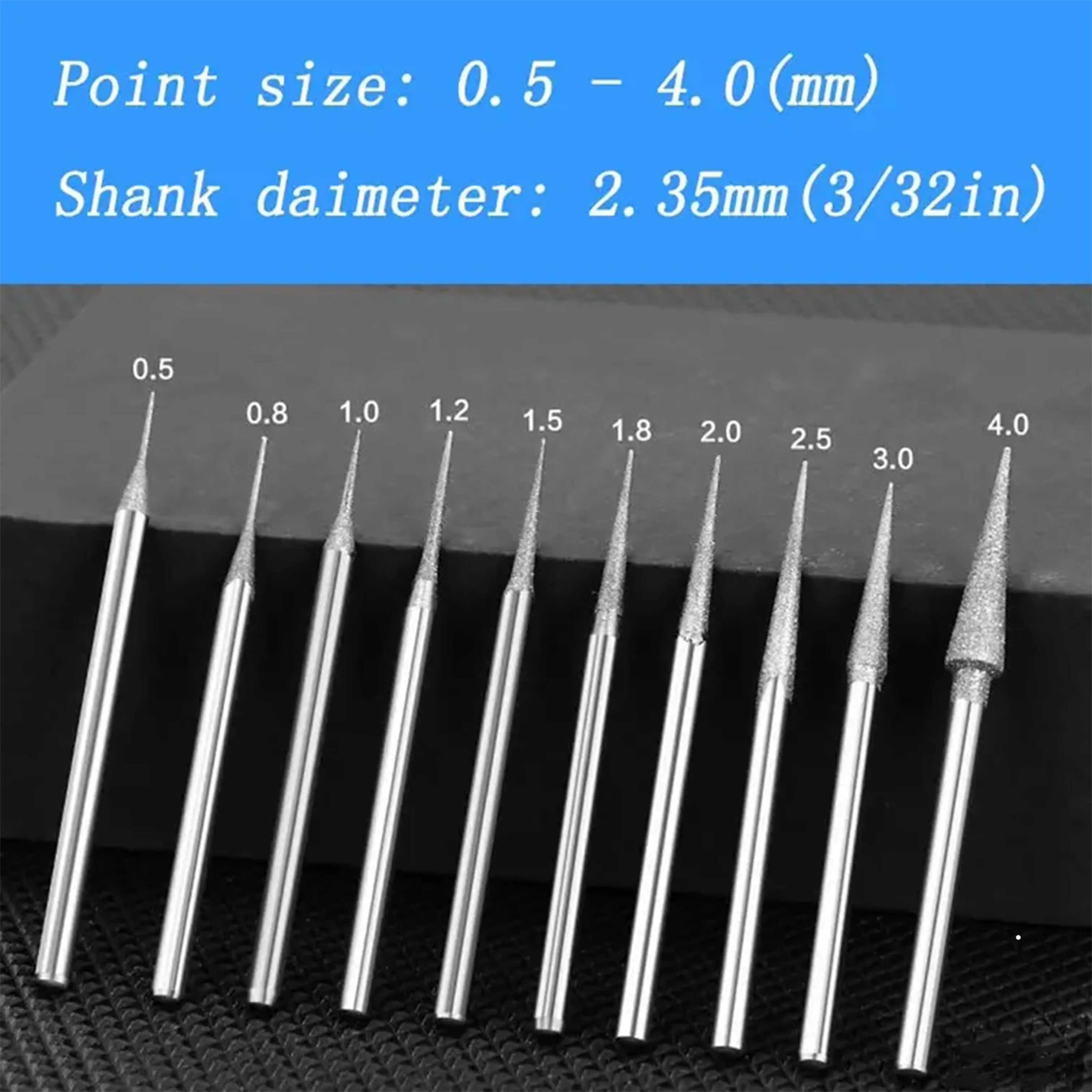 10Pcs Various Sizes Diamond Mounted Grinding Head Burrs Stone Carving Bits for Rotary Tools with 3/32