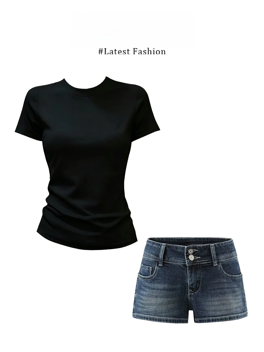

Fashionable Short Sleeve T-Shirt And Denim Shorts Women's Summer Two-Piece Set Casual Style round Neckline Polyester Fabric