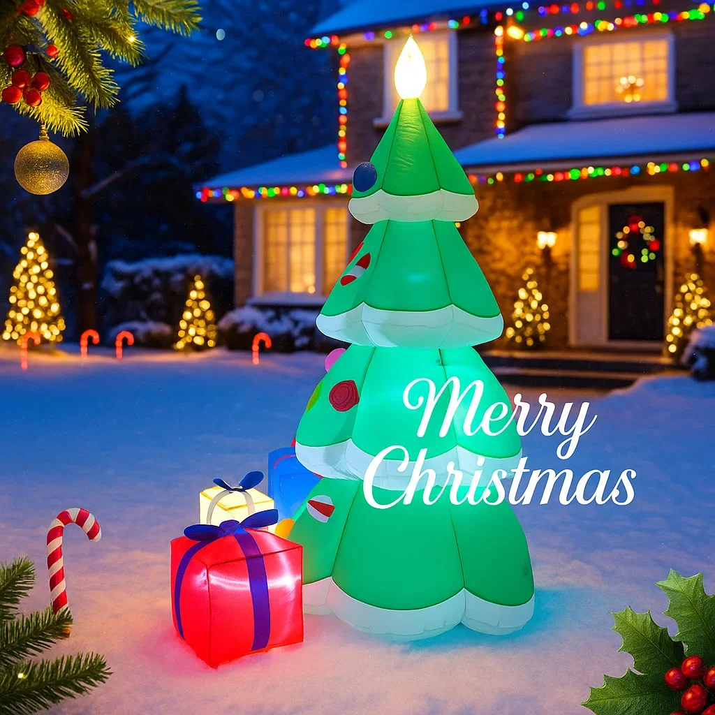 6.89FT LED Lit Inflatable Toy Christmas Tree Decor Set Santa Claus Dog Gifts Box Xmas Yard Supplies Home Ornament Festive Gift