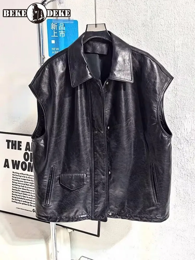 Vintage Autumn Women Genuine Leather Vests Zipper Loose Fit Casual Oil Wax Sheepskin Waistcoat High Street Sleeveless Jacket