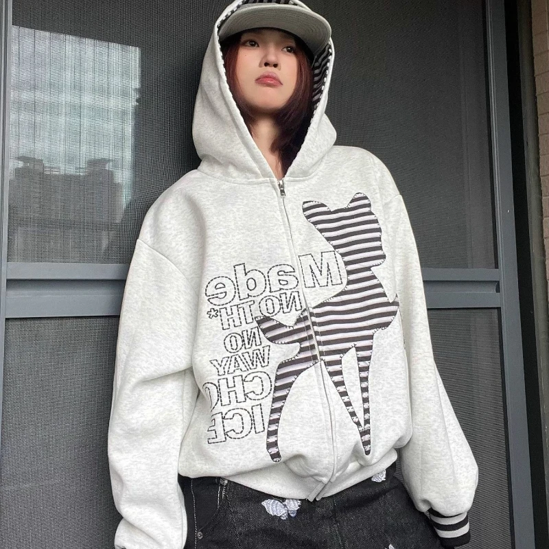 Deeptown American Retro Cartoon Hoodies Women Black Harajuku Y2k Zip Up Coats Kawaii Oversized Casual Embroidery Sweatshirts