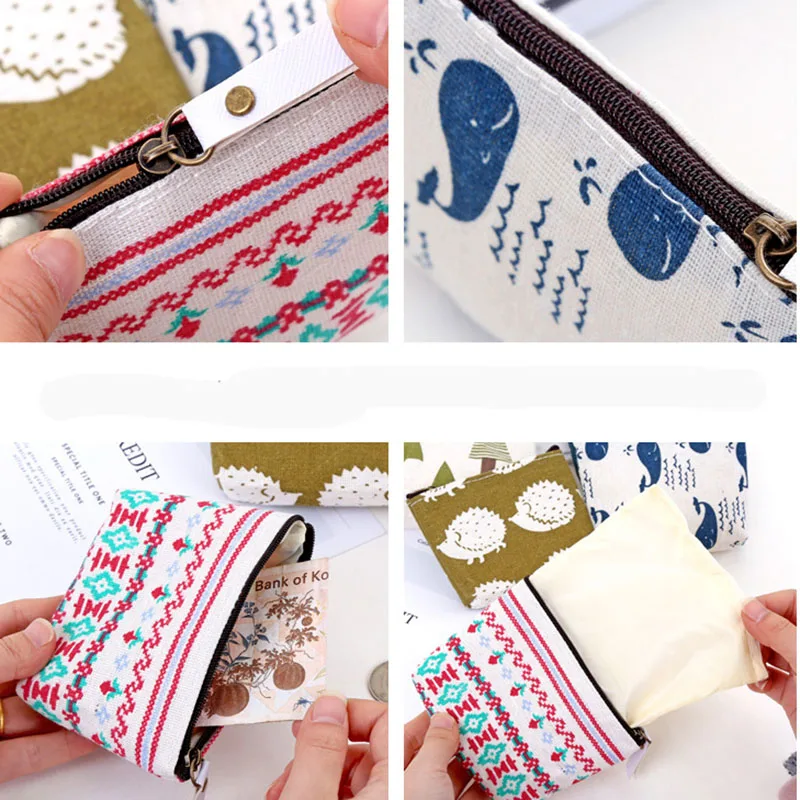 Cotton Linen Storage Bags Mini Key Bag Coin Purse Credit Card Holder Bag Sanitary Pad Pouch Women Cosmetic Storage Bag Organizer