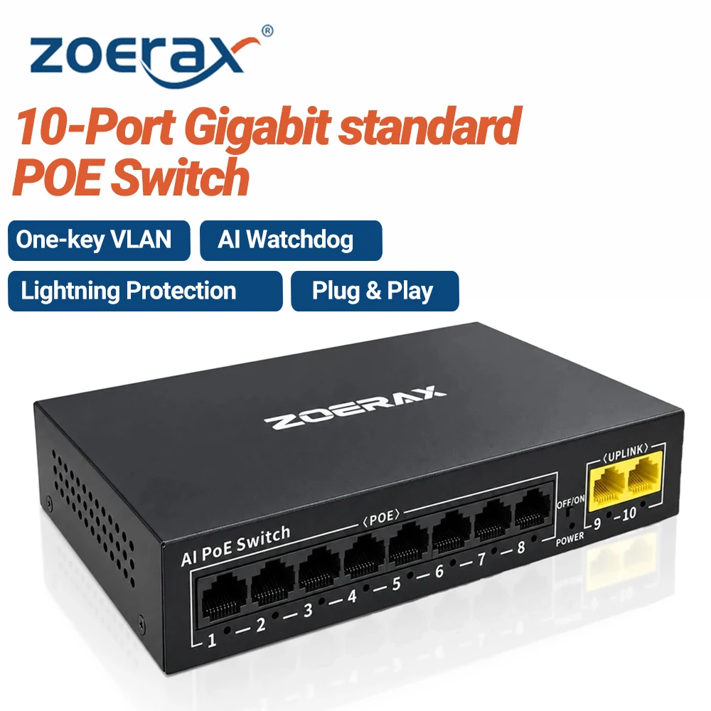 ZoeRax 8-Port PoE + 2 Uplink Ethernet Switch, Data & Power over One Cable, VLAN, AI Watchdog, Lightning Protection, Plug & Play
