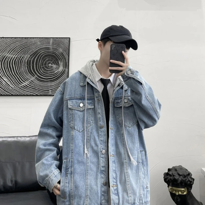 

Spring and Autumn Light Blue Male Jean Coats Vintage Lxury Fashion Worn Korea Casual Outwear Aesthetic Joker Men's Denim Jacket