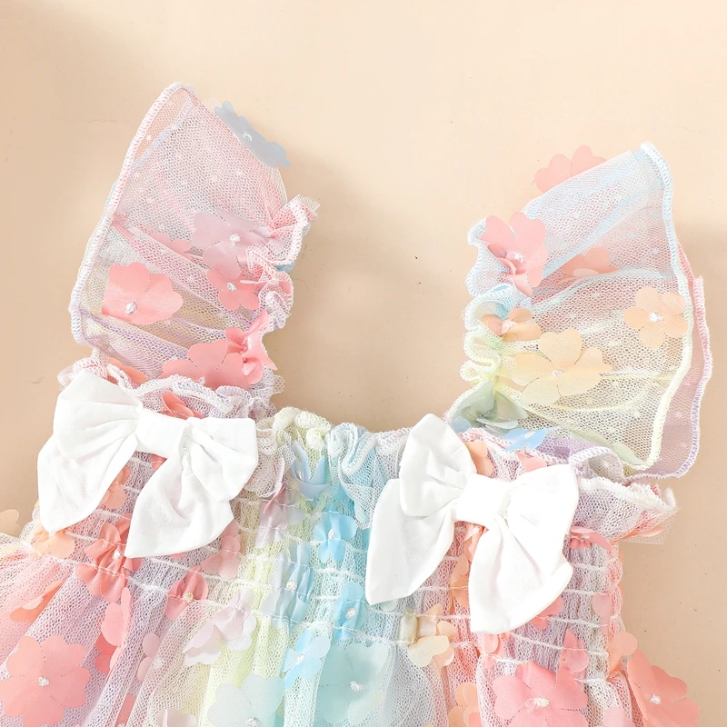 BULINGNA Infant Baby Girl Summer Tutu Romper Dress Flying Sleeve 3D Flower Dress Princess Birthday Sundress with Bowknot