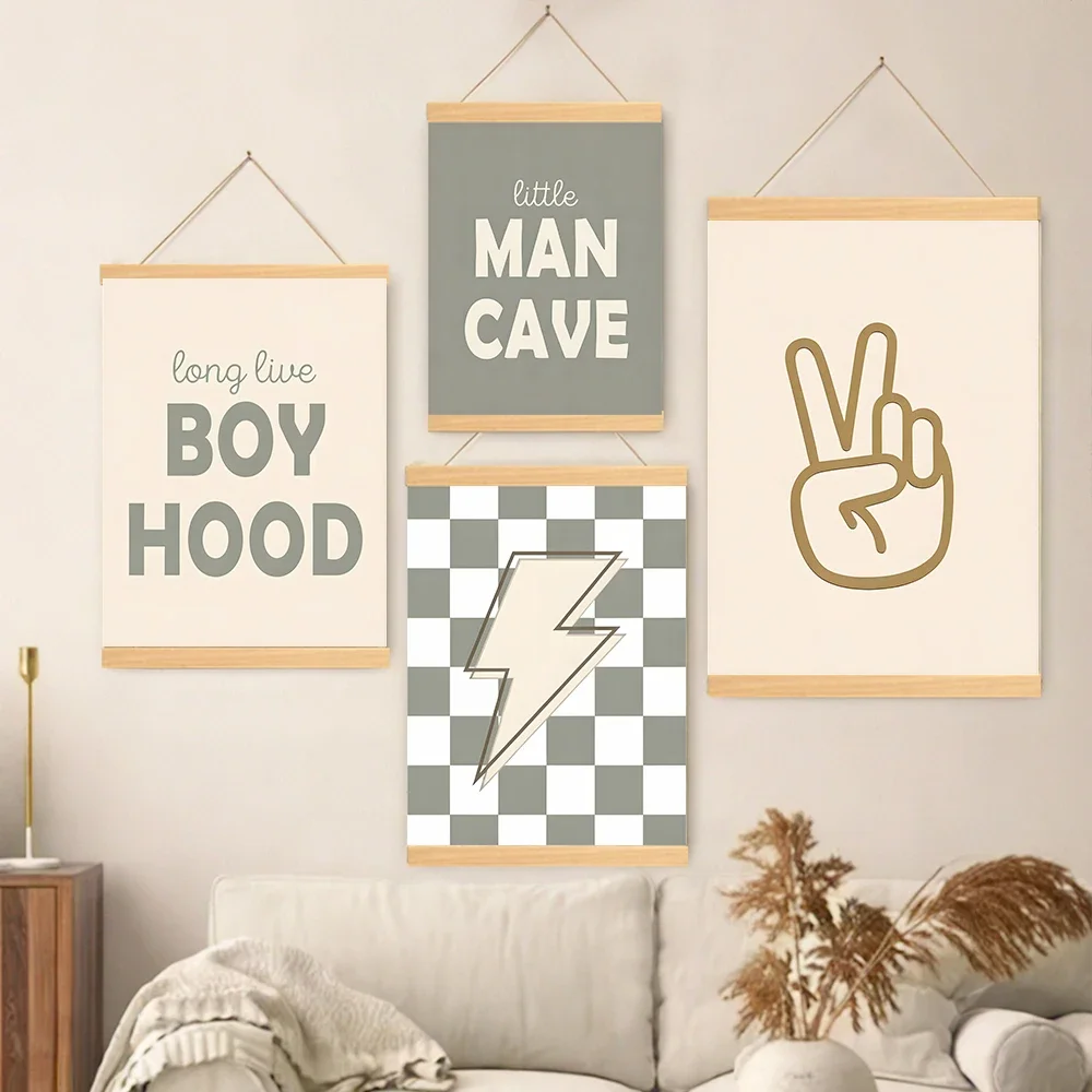 1pc frameless Canvas Painting Preppy Boys Solid Wood Hanging Little Man Cave, Checkered Lightning, Peace Sign, Long Live Boyhood