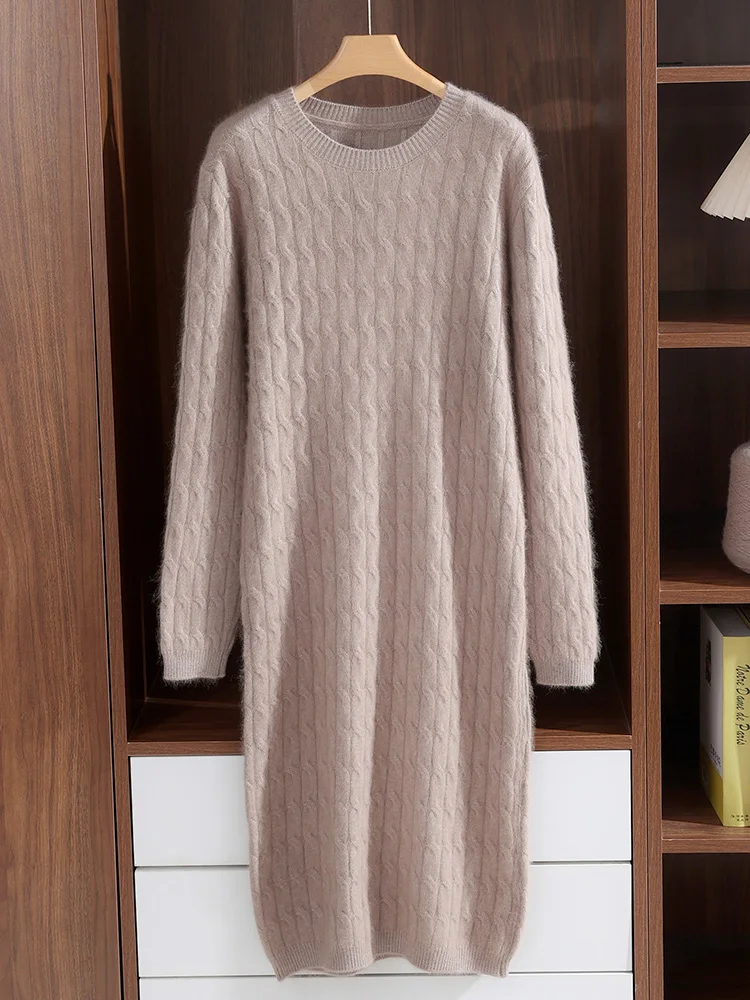 

TLOML Chic Women's 100% Mink Cashmere Dress O-neck Cable Knitting Pullover Autumn Winter Soft Warm Cashmere Knitted Casual Dress