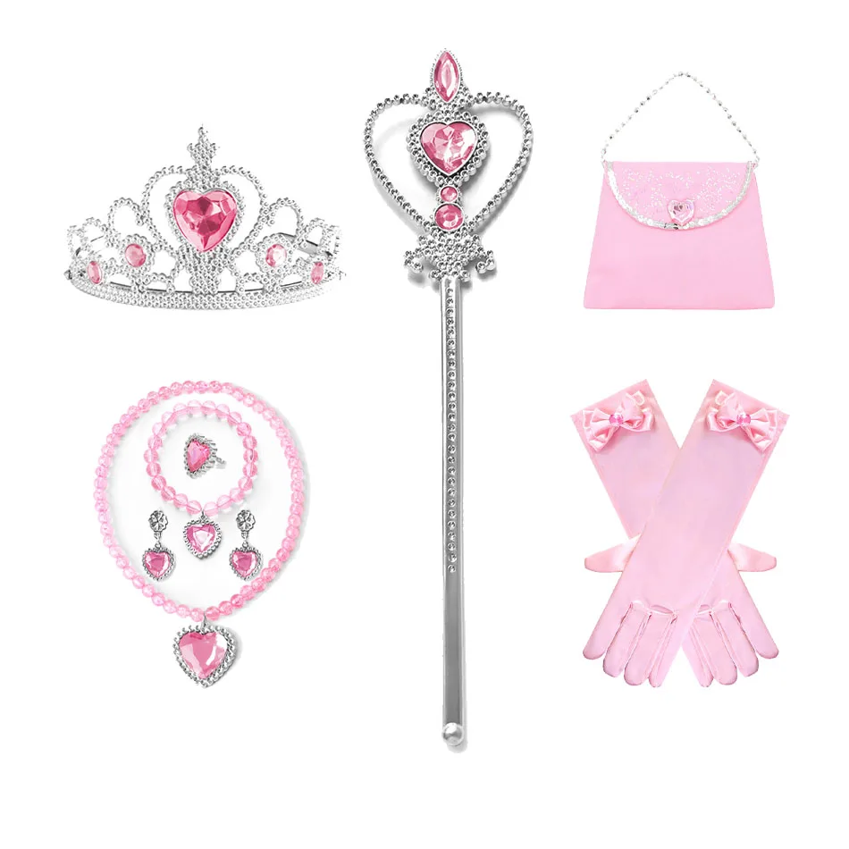 Elsa Princess Accessories Gloves Purse Wand Crown Jewelry Set Cosplay Dress Up Aurora Necklace Braid for Princess Accessories