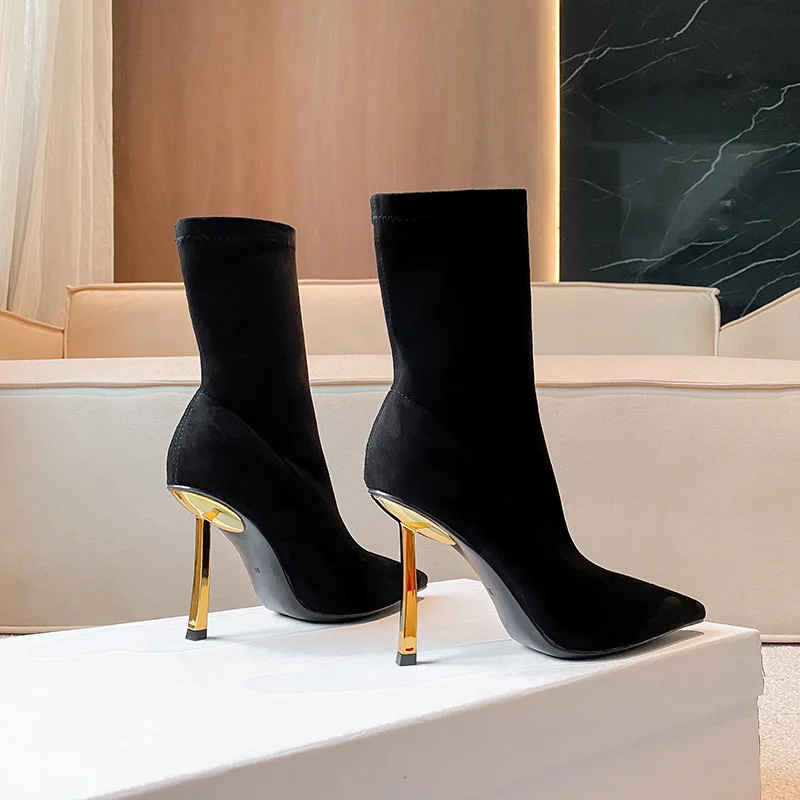 2025 Autumn Winter Elastic Faux Suede Women Ankle Boots Fashion Metal Gold Thin High heels Slim Chelsea Sock Boots Shoes Booties