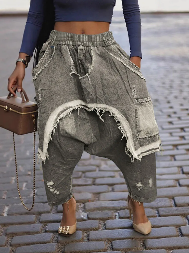 الشارع الشهير ممزق هول سراويلي حريمي للنساء ملابس Y2K الجينز Harajuku جيوب الموضة فضفاضة سراويل جينز بنطلونات فام