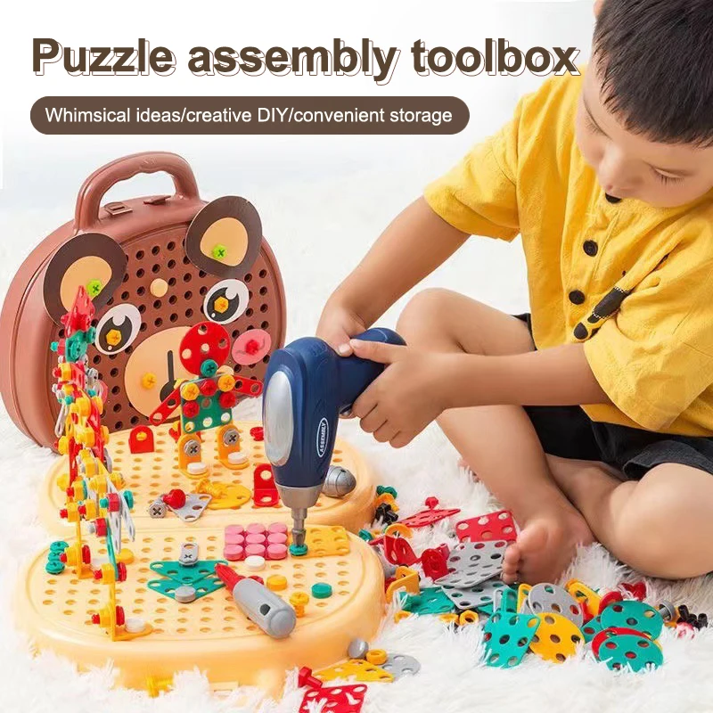 206/208Pcs Electric Screwdriver Screwing Repair 4-6 Years Old Montessori Kids Repair Toolbox Toys Assembling Toolbox Toy
