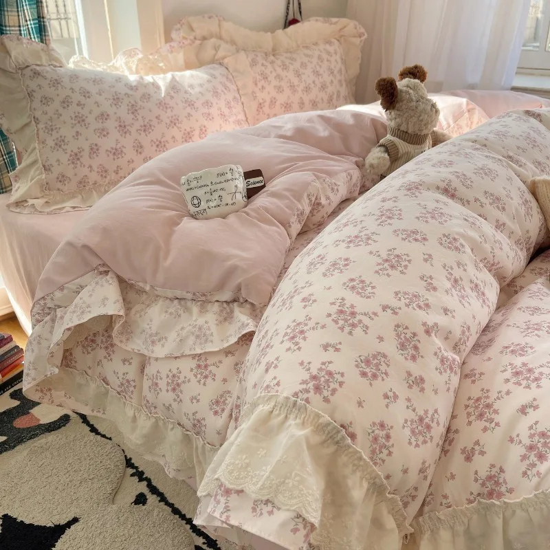 Nuevo Juego de Ropa de Cama de Seda Antigua con Encaje, Cuatro Piezas, Estilo Francés Floral, Funda de Edredón, Sábana, Juego de Tres Piezas para Dormitorio