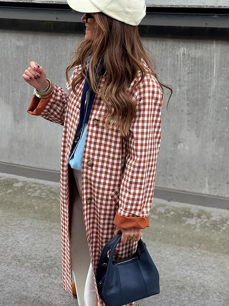 

НОВИНКА 2026, осенне-зимнее новое красное клетчатое пальто в стиле ретро, элегантный свободный длинный плащ с лацканами, куртка