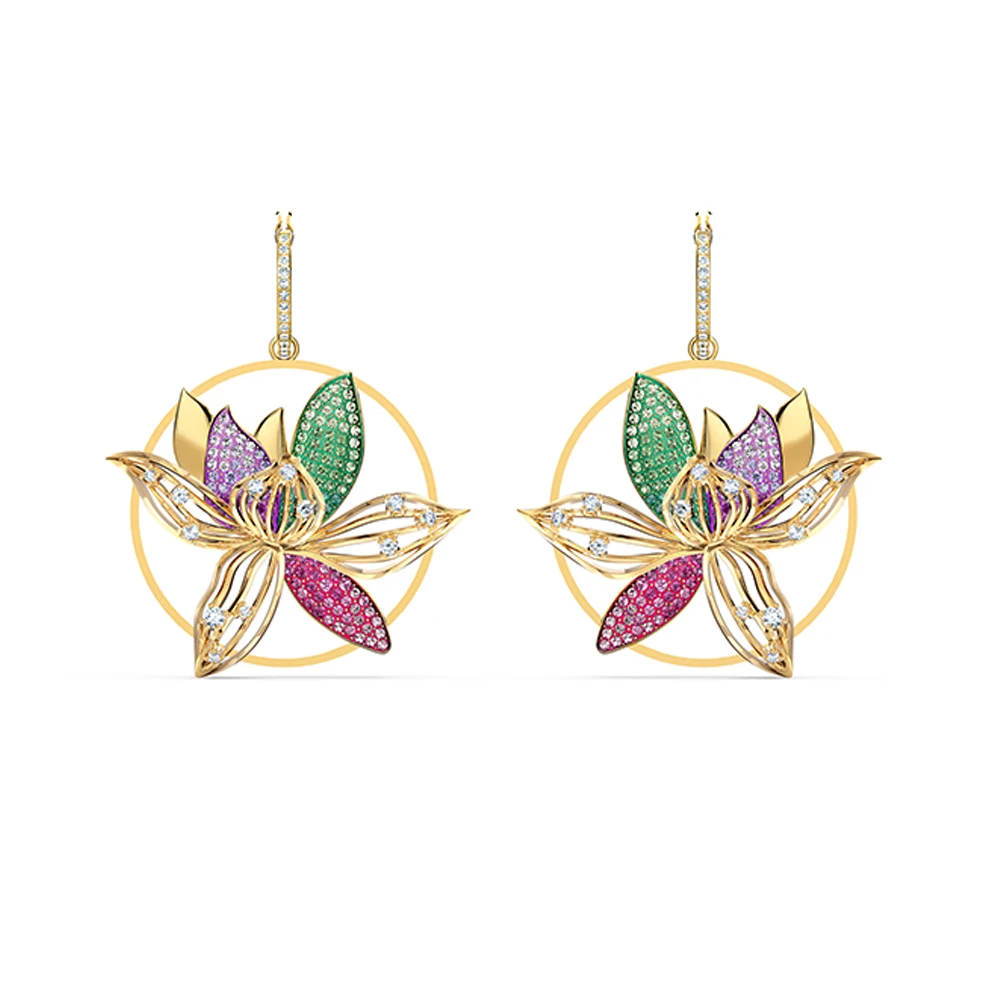 

Серьги-подвески с разноцветными кристаллами в золотистых тонах – круглая оправа и лепестки с инкрустацией паве