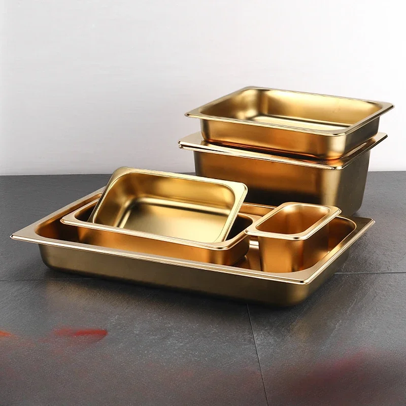 Golden Food Buffet Basin Plates 304 Stainless Steel Square Pots Tray Dishes Sauce Box Jam Boxes Canteen Fast Food Truck Dish
