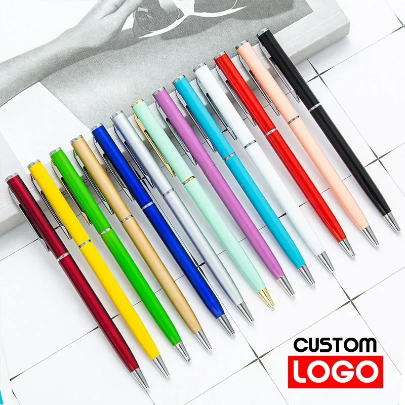 Metal Ballpoint Pen Custom Logo Text Lettering Slender Style Gift Pen Advertising Pen School Stationery 14 Colors Available