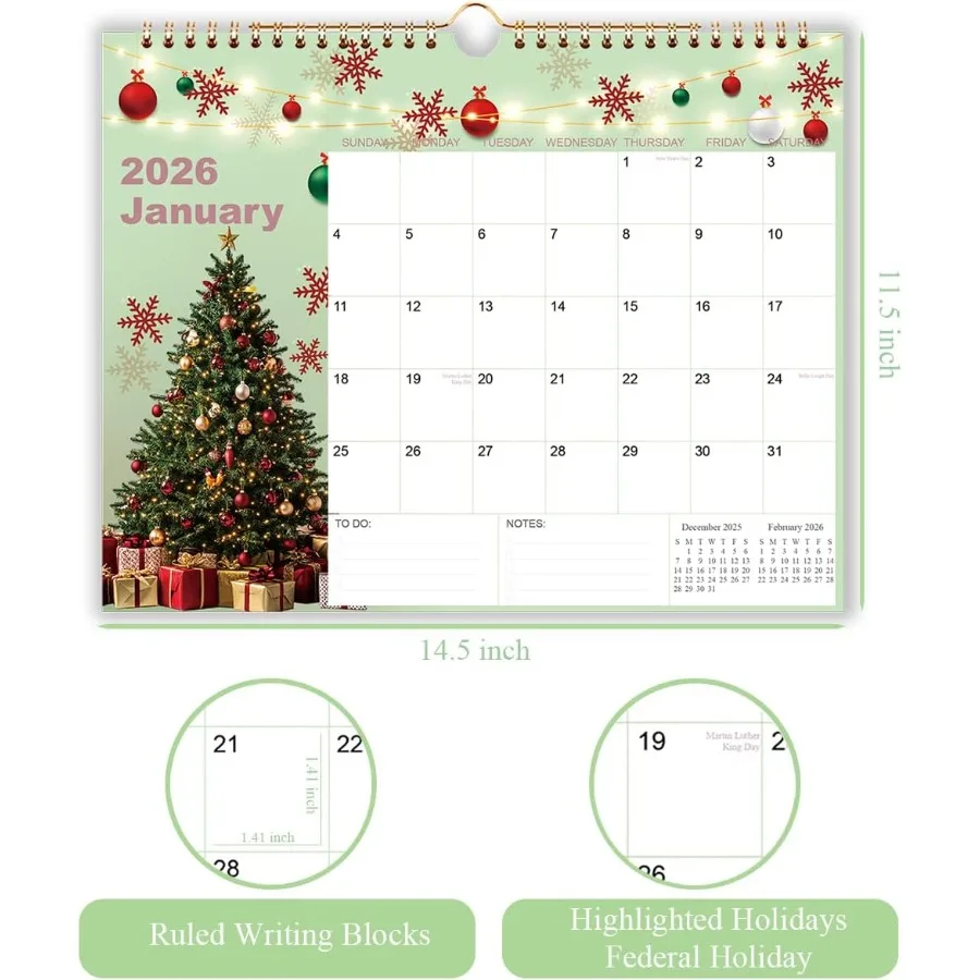 Kalender 2026 Wandkalender vanaf januari 2026 - 2026 december 12 maanden kalender met 140 g/m2 premium papieren dubbele draadbinding en