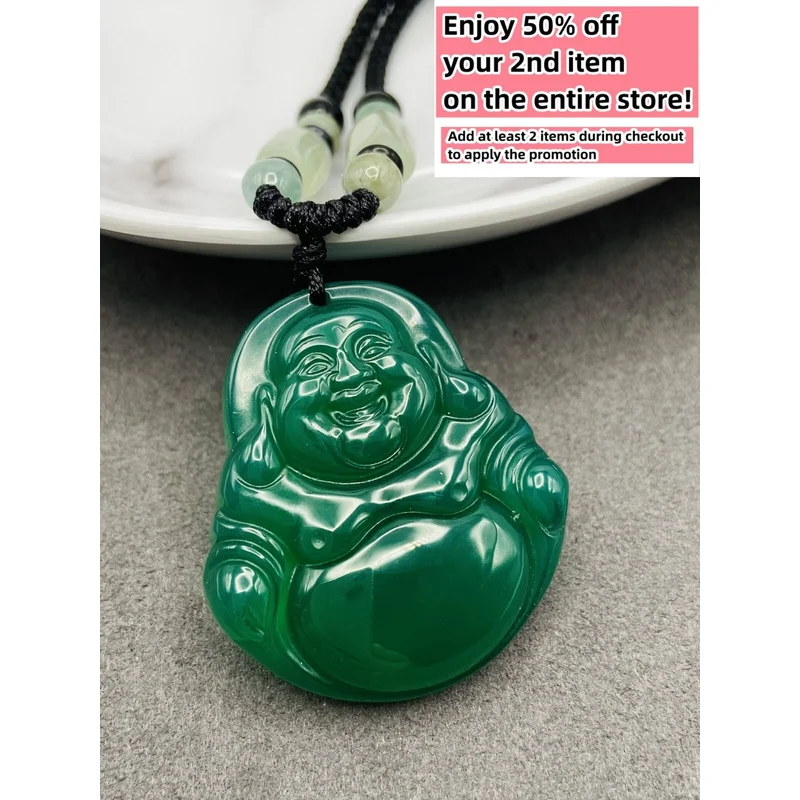 

Jade Buddha Charm Pendant Nelace W/ Beads Cord Handmade Carved Green Gemstone