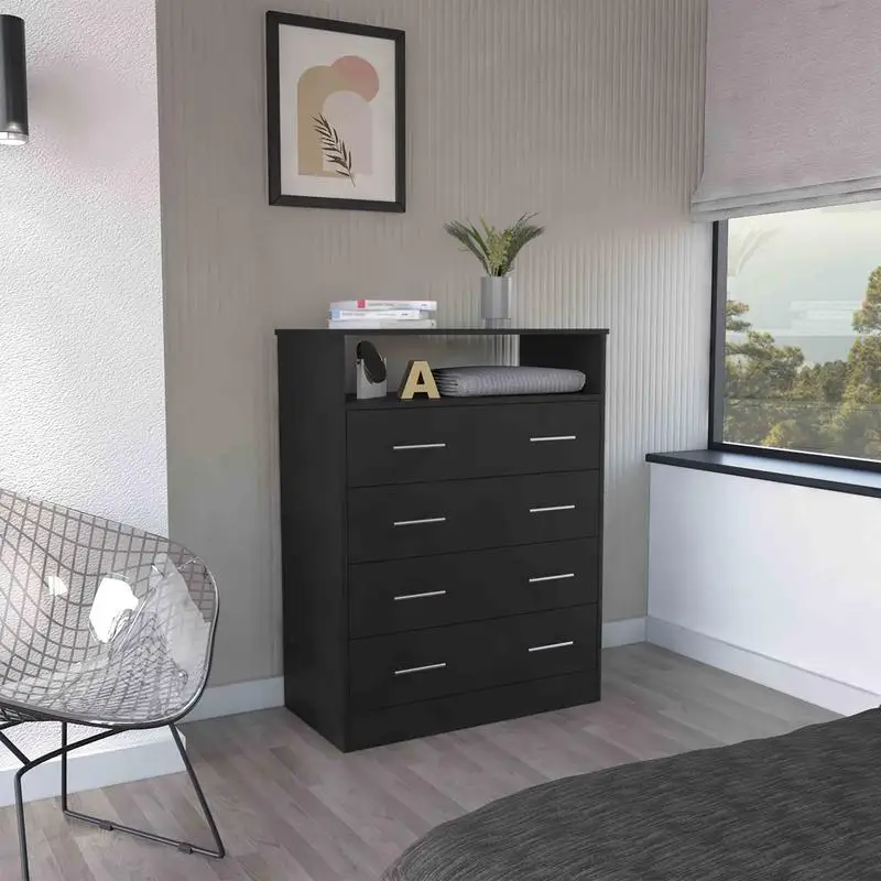 Commode à quatre tiroirs, dessus supérieur, étagère ouverte - Finition noire