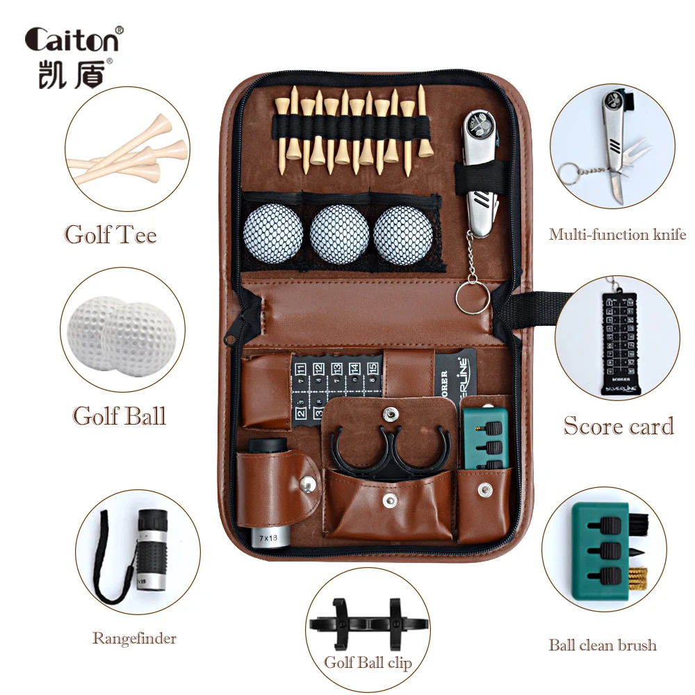 Juego de bolsas de golf de cuero artificial y de imitación, bolsa de golf, telémetro de transporte, cepillo de cuchillo, clip de bola, kit de herramientas de transporte, puntuación de Tee,