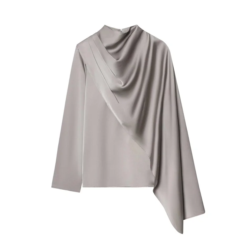 ETJ 2026 Lente nieuwe dames elegante mode sjaal ontwerp satijnen drape top asymmetrisch gerimpeld shirt met lange mouwen