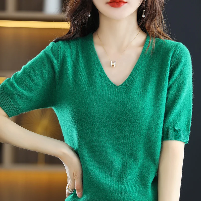 2022 Spring Summer Women\'s Cashmere Sweater Short sleeve V-Neck Pullover Casual Solid Color Short sleeve High Quality