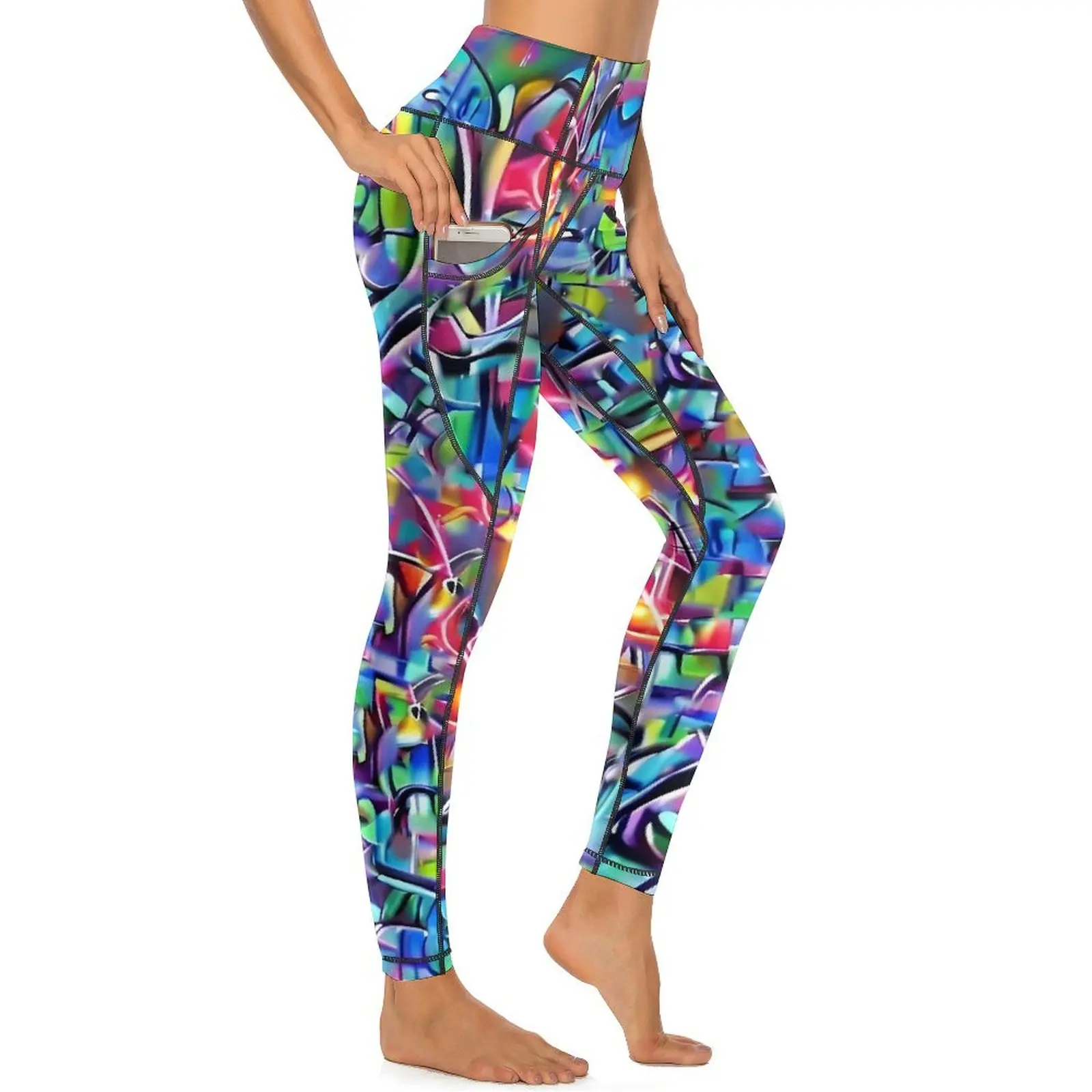 Graffiti Chaos Yoga Pants Pockets Colorful Print Leggings Sexy Push Up Elegant Yoga Sports Tights Stretch Work Out Leggins