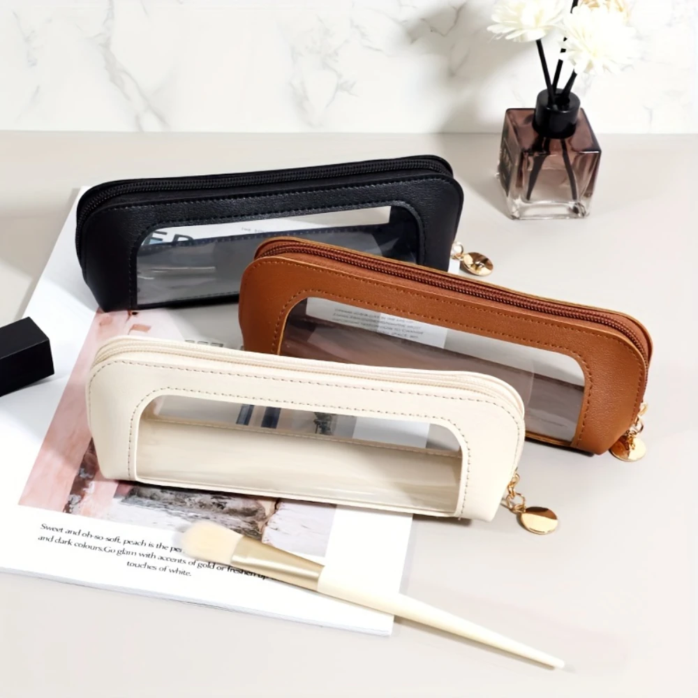 Portable Makeup Pouch, Cosmetic Pen & Lipstick Bag, Purse-sized With Transparent Window, Zipper Closure, Elegant Design