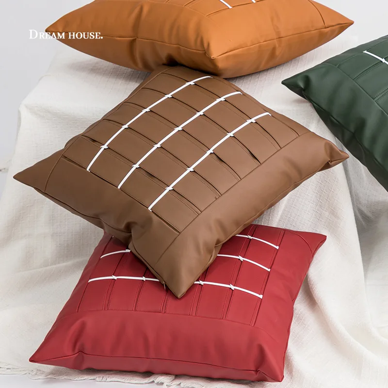 Nordic Simple PU Cushion Cover Handmade Woven Rope Brown Fashion Throw Pillow Cover 45x45 Bed Sofa Living Room Summer Home Decor