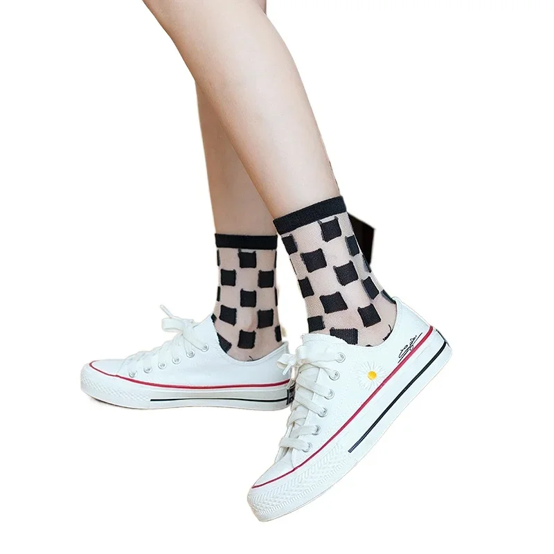 Children Transparent Meshes Fishnet Short Socks Sexy Lace Women Socks Summer Harajuku Casual Breathable Crew Socks Black White