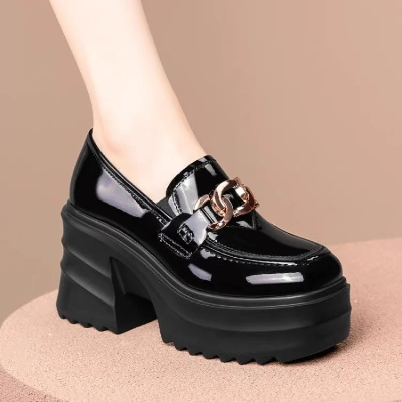 

Genuine Leather Patent Loafers British Style Height Increasing Thick Platform Women Single Shoes High Heel