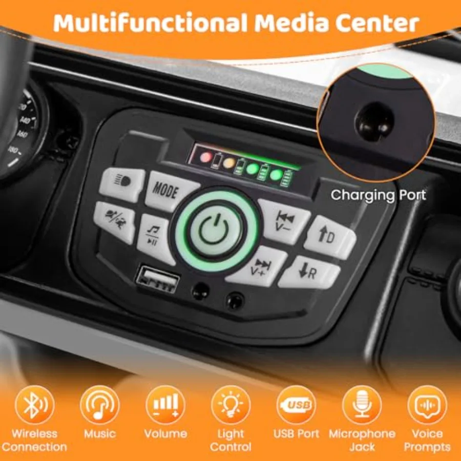 รถบรรทุกเด็กนั่งขับ 12V รถยนต์ไฟฟ้าสำหรับเด็กพร้อมรีโมทคอนโทรล 3 ระดับความเร็วและระบบกันสะเทือนแบบสปริง เชื่อมต่อไร้สาย ไฟ USB เพลง แสงไฟ