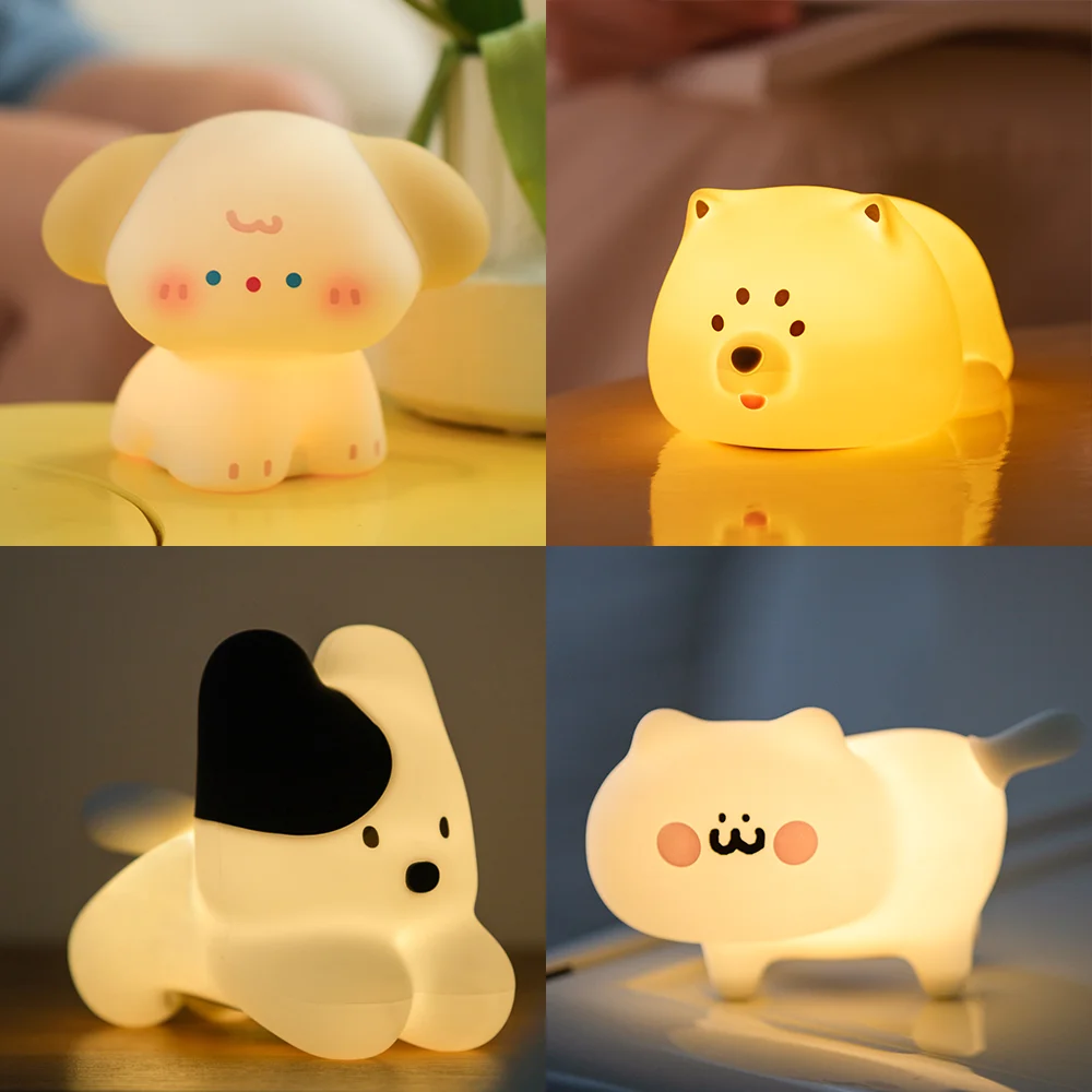 

New Style Cute Night Light Cartoon Dog Cat Silicone Lamps USB Rechargeable Pat Control Warm Light Bedside Decoration Playmate