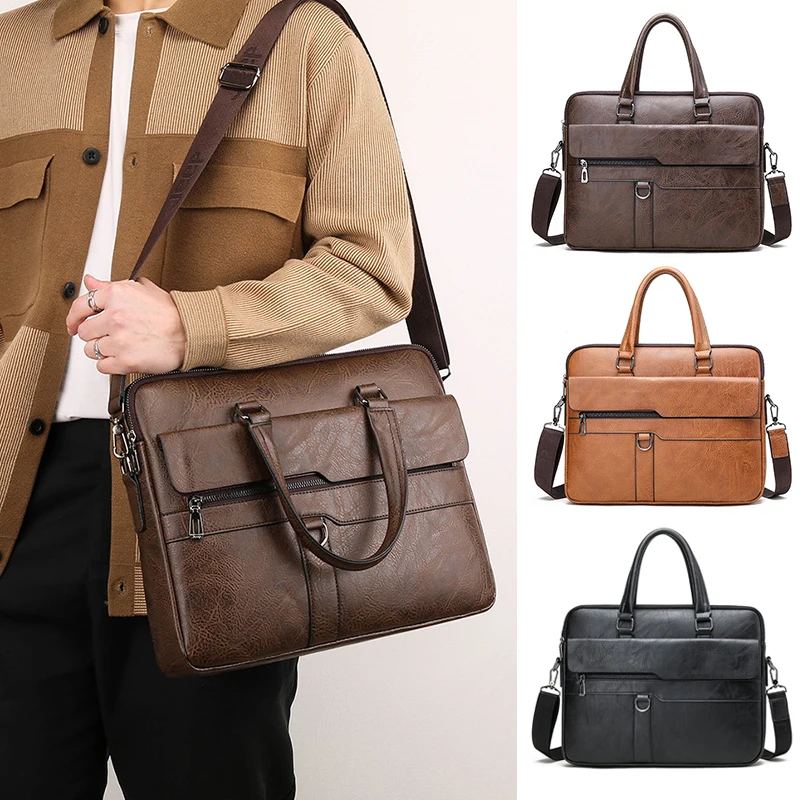 

PU Leather Briefcase Men Handbag Totes Laptop Computer Document Shoulder Business Office Vintage Messenger Side Designer Bag