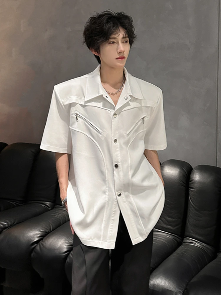 

Casual Summer Men's Short Sleeve Shirt Deconstructed Zipper Pure Color Collar Padded Shoulder Versatile Loose Fit Outerwear