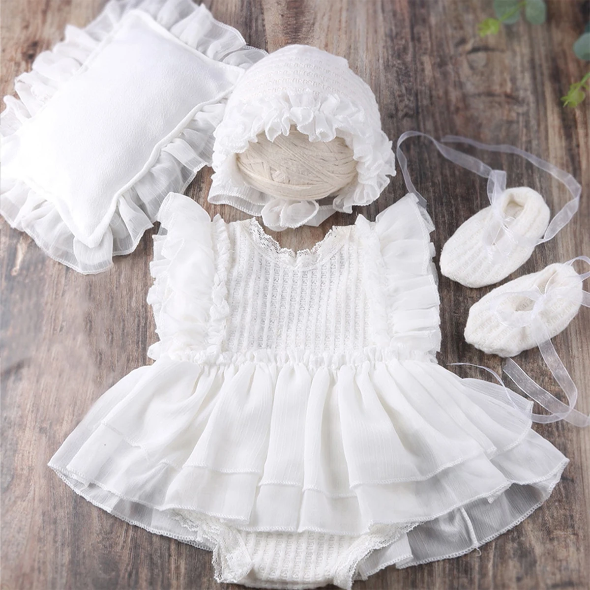 Ylsteed Newborn White Chiffon Photography Outfits Set Baby Romper Hat Set with Pillow and Mini Shoes New born Clothes