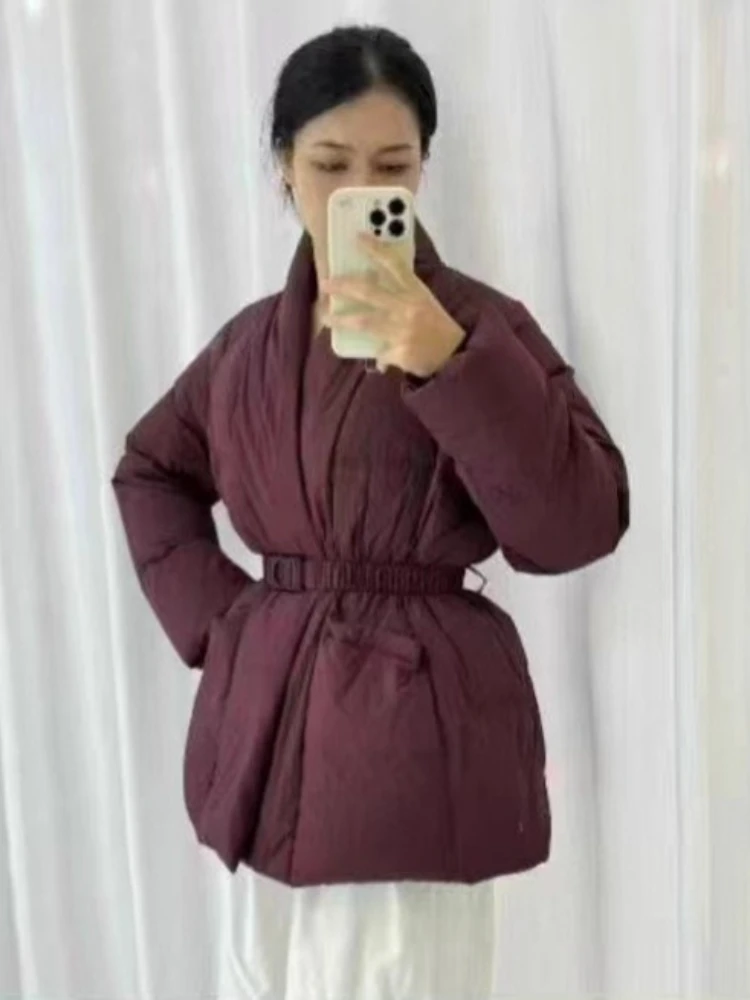 2025 New Down Jacket Winter Belt Waist-Tight Elegant Warm 90% White Duck Puffer Coat Female Mid-Length Solid Color V-Neck Parkas