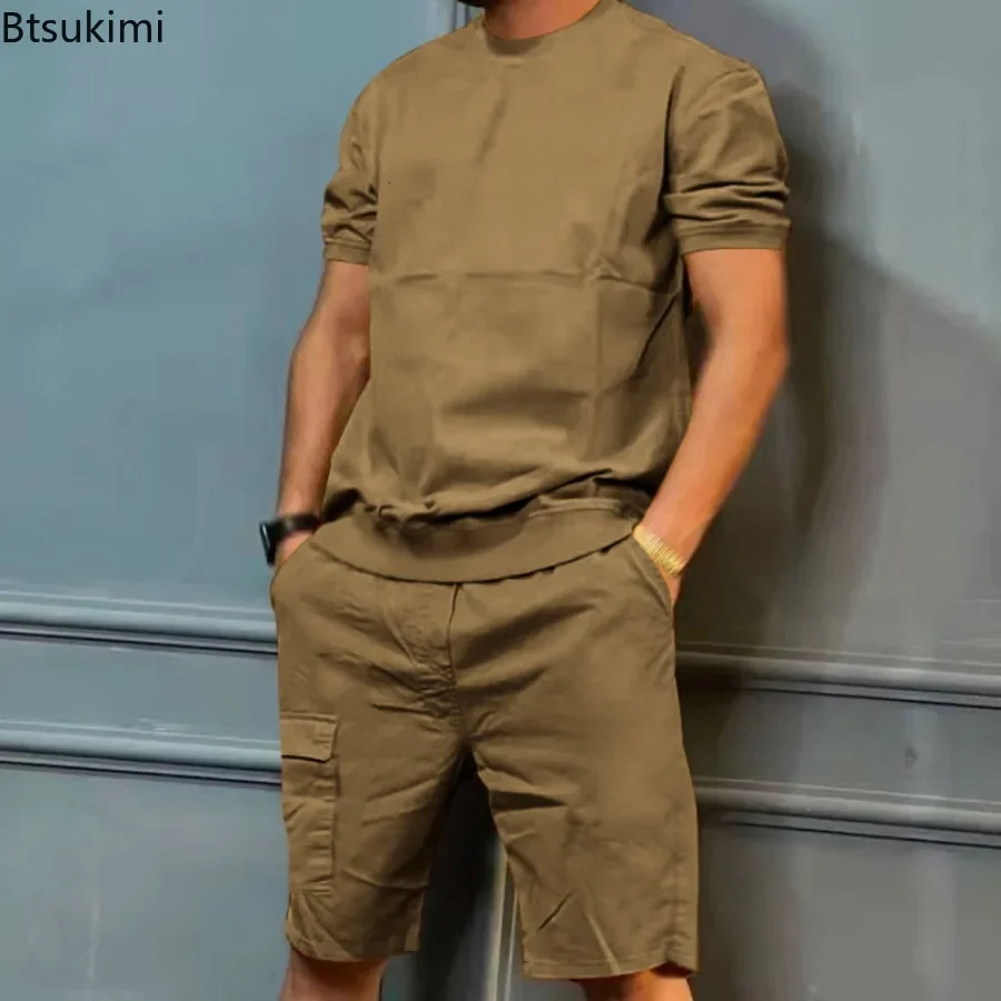 Summer Tracksuits Men's Solid Loose Short Sleeve Tops Multi-pocket Cargo Shorts Two Pieces Fashion Casual Sport Fitness Outfits