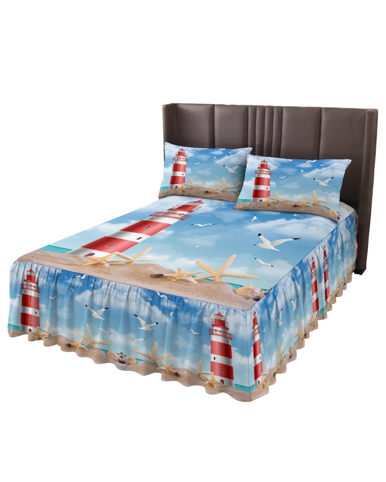 Sea Beach Lighthouse Starfish Seagull Bed Skirt Elastic Fitted Bedspread With Pillowcases Mattress Cover Bedding Set Bed Sheet